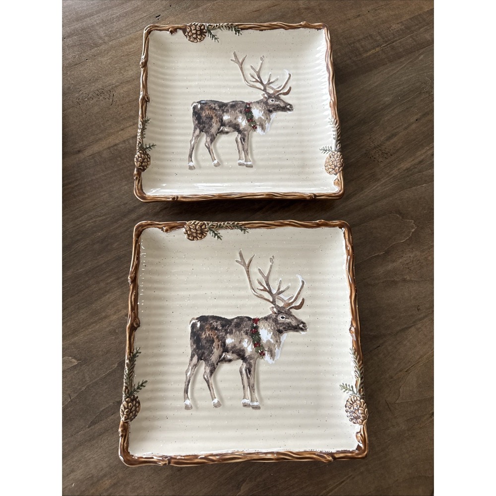 St. Nicholas Square Snow Valley 8-3/4"  Salad Plates - Reindeer - Set of 2